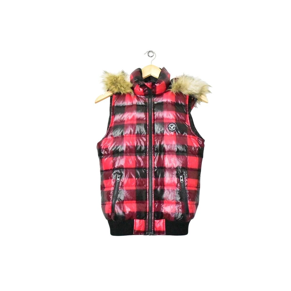 American Eagle Women Faux Fur Hooded Puffer Vest XS Buffalo Plaid Down Red Black